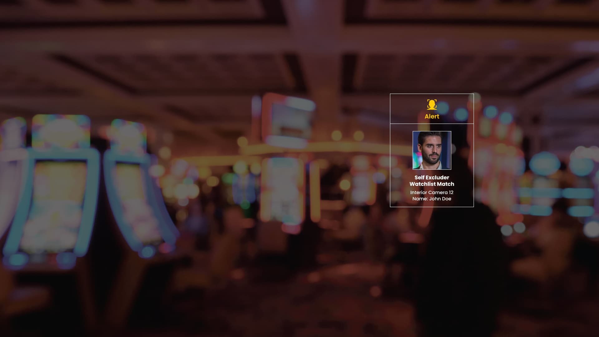 Oosto promotional illustration of a casino camera alert matching a self-excluded patron