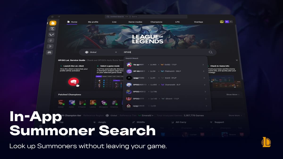 OP.GG in-app summoner search over a live League of Legends client