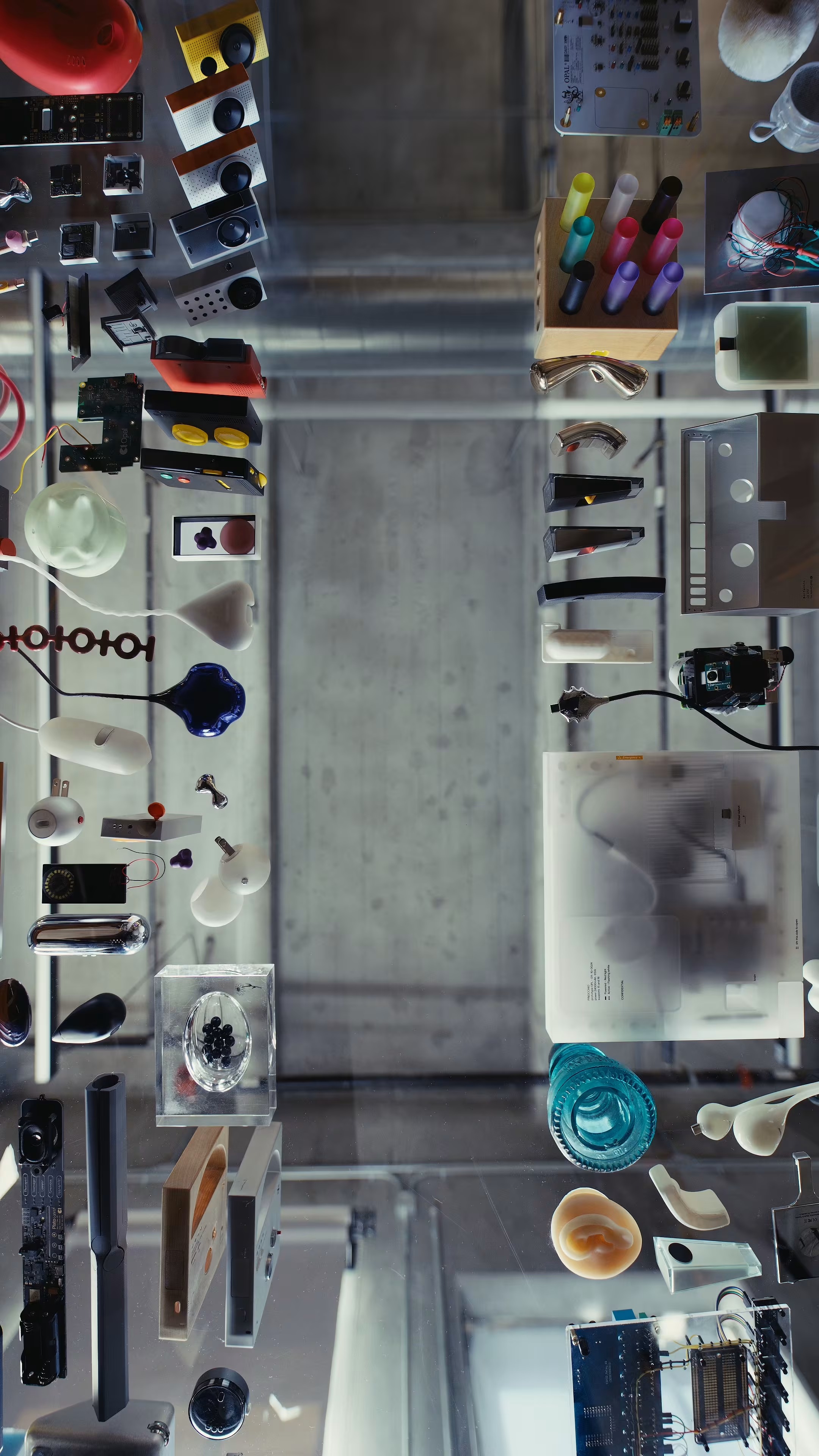 Opal’s glass table displaying an assortment of devices and prototypes