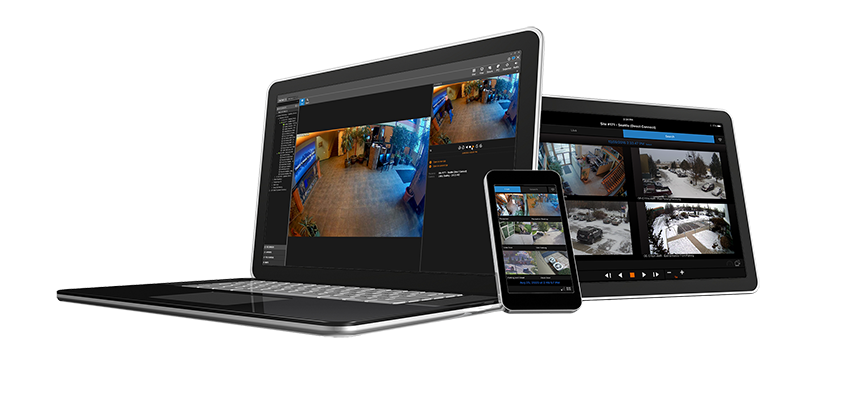 OpenEye video clients displayed on a laptop, tablet, and phone