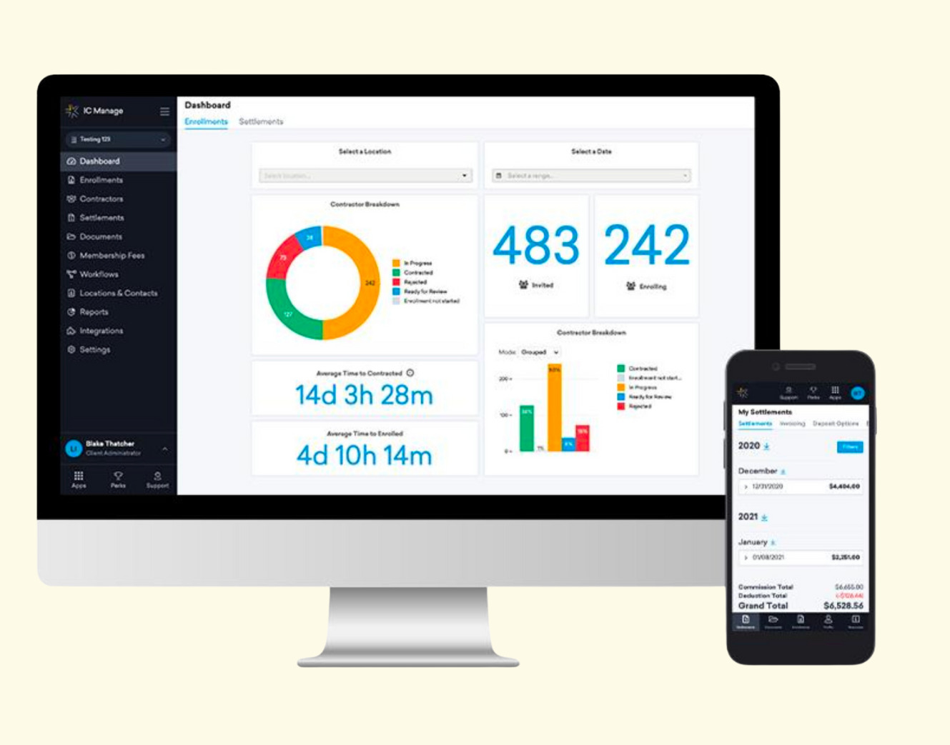 Openforce contractor management dashboard shown on a desktop monitor beside its mobile portal