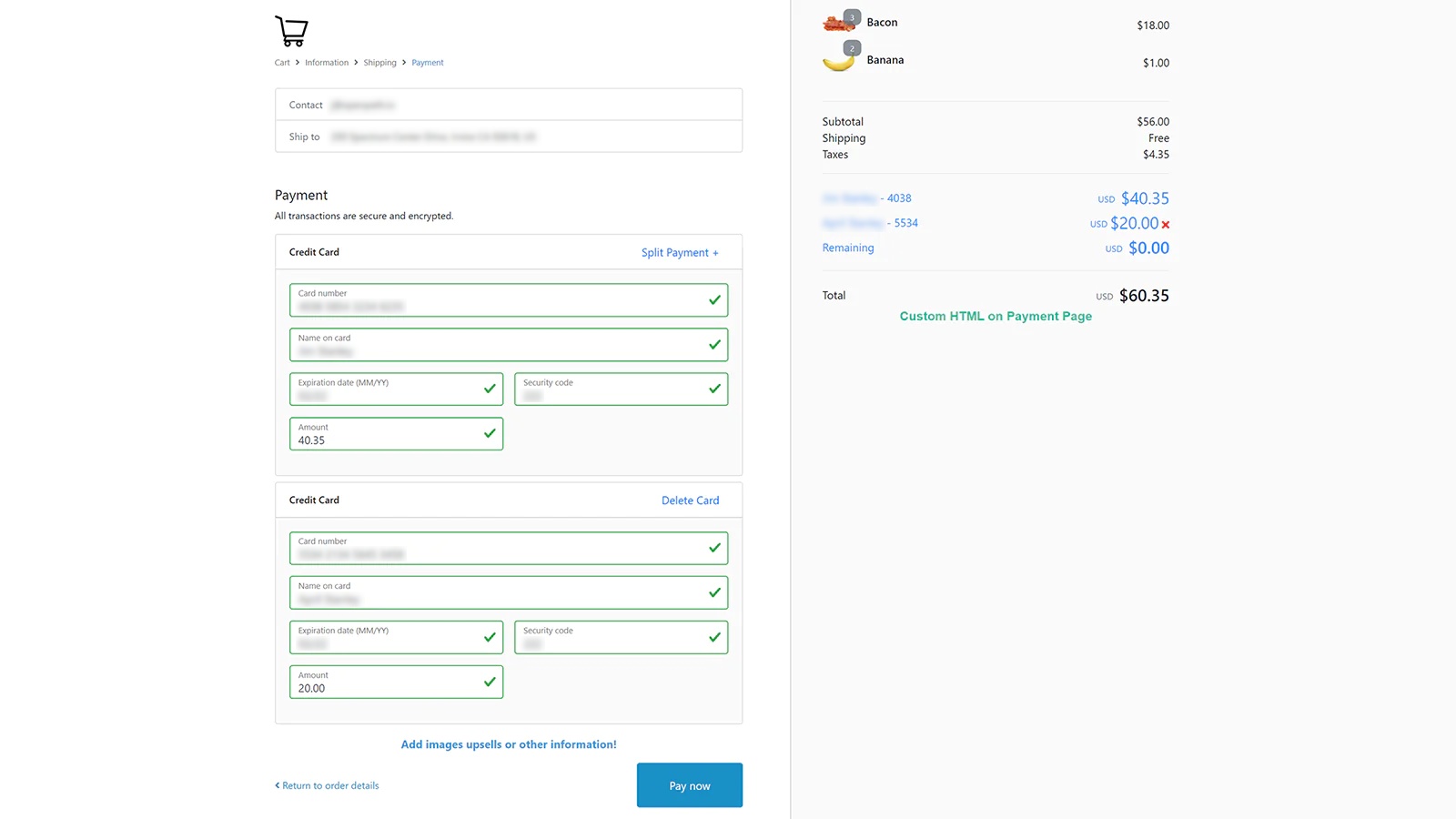 OpenPath Shopify product screenshot showing a checkout with split payment fields