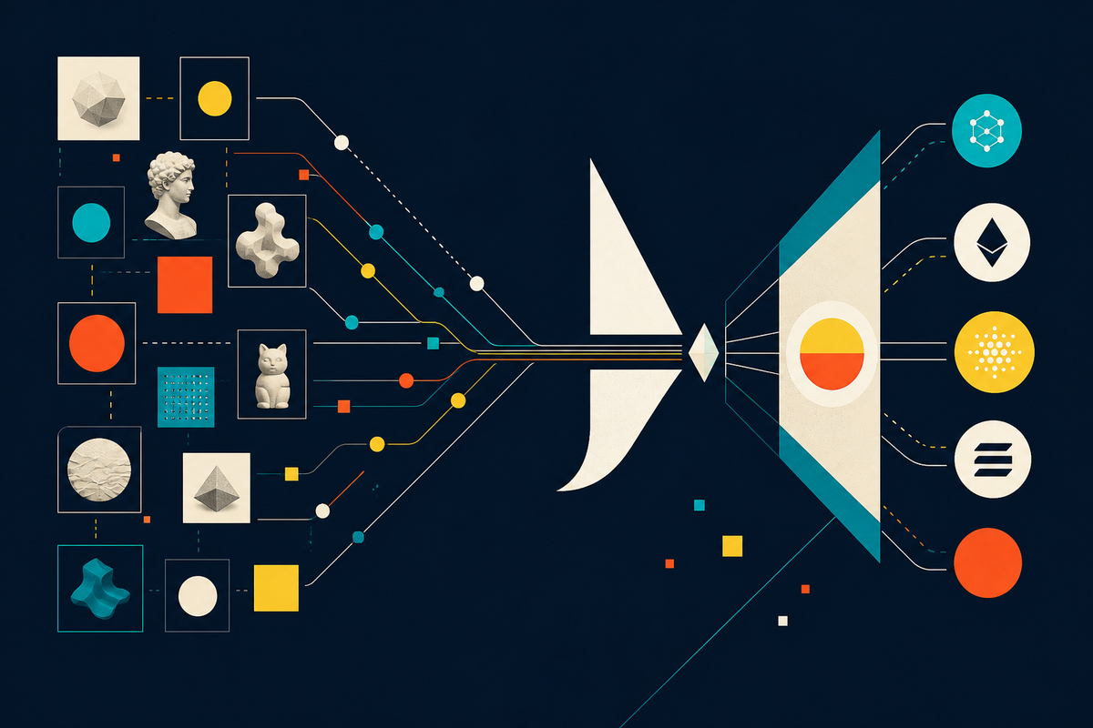 Abstract Swiss-style illustration of many digital assets converging through a multi-chain marketplace