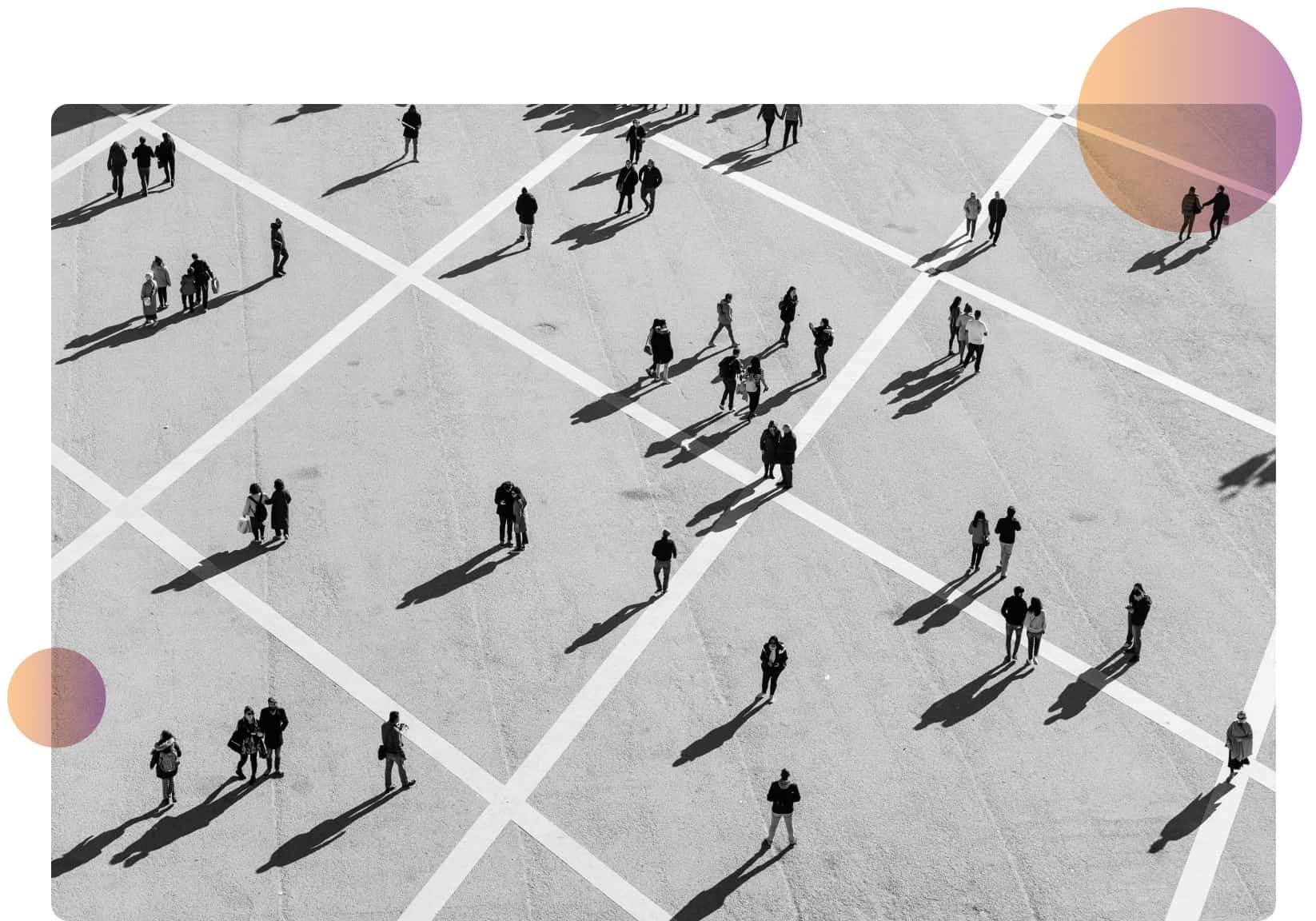 OpenX company illustration showing people and their shadows crossing a geometric plaza