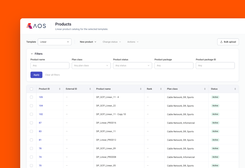 Operative AOS product catalog interface showing inventory products and filters