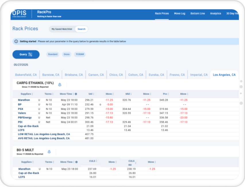 OPIS RackPro screen showing terminal tabs, supplier prices and fuel grades