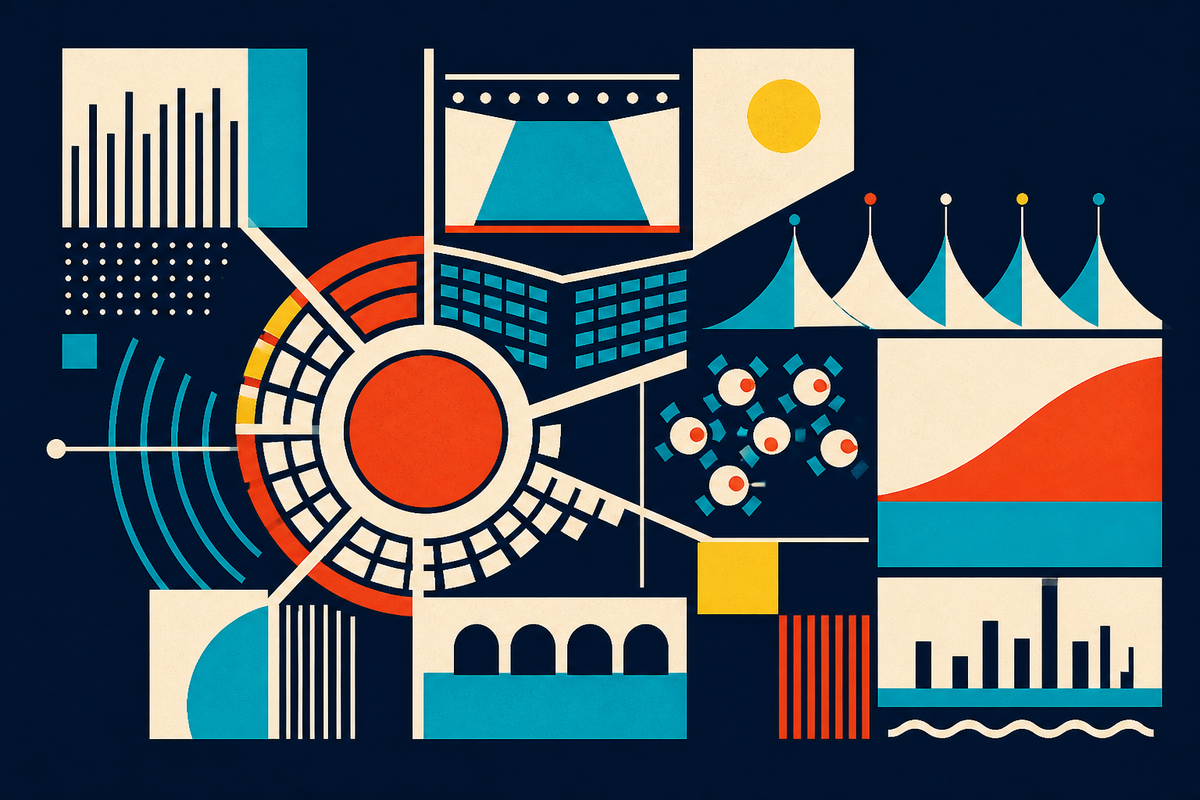 Abstract Swiss-style illustration of a circular stage connecting radio waves, auditoriums, hospitality tables and festival tents