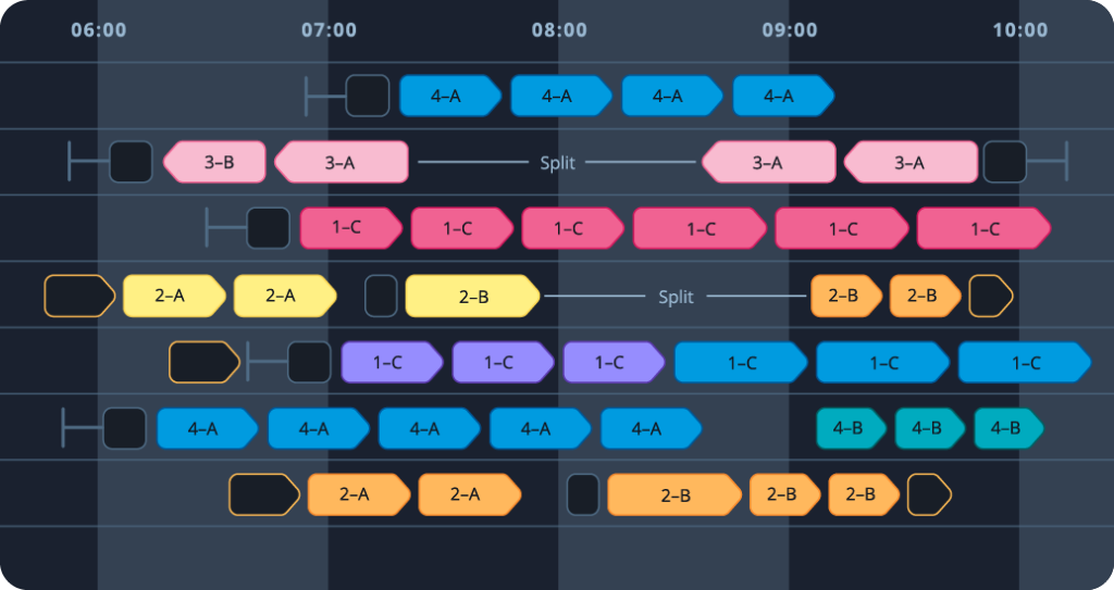 Optibus interface displaying colored vehicle and crew schedule blocks