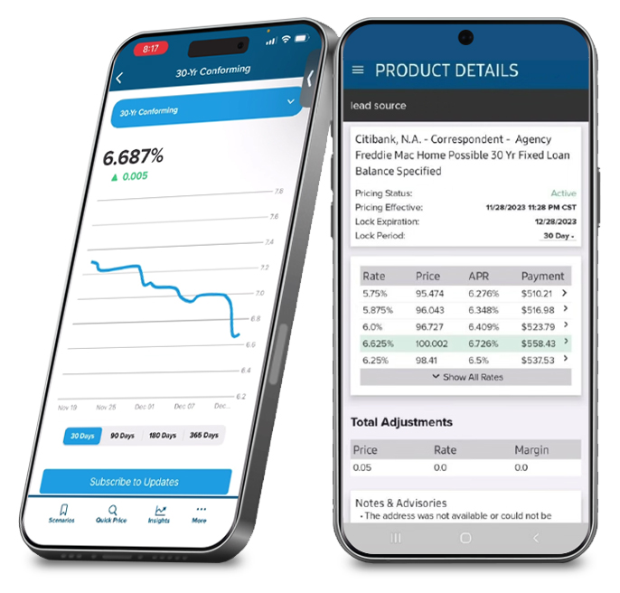 Two phones displaying Optimal Blue's mortgage pricing app, including rate trends and loan product details