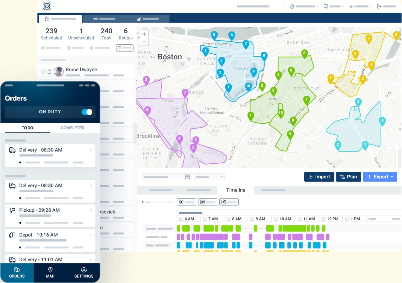 OptimoRoute planning interface showing colored routes, a mobile driver view and a scheduling timeline