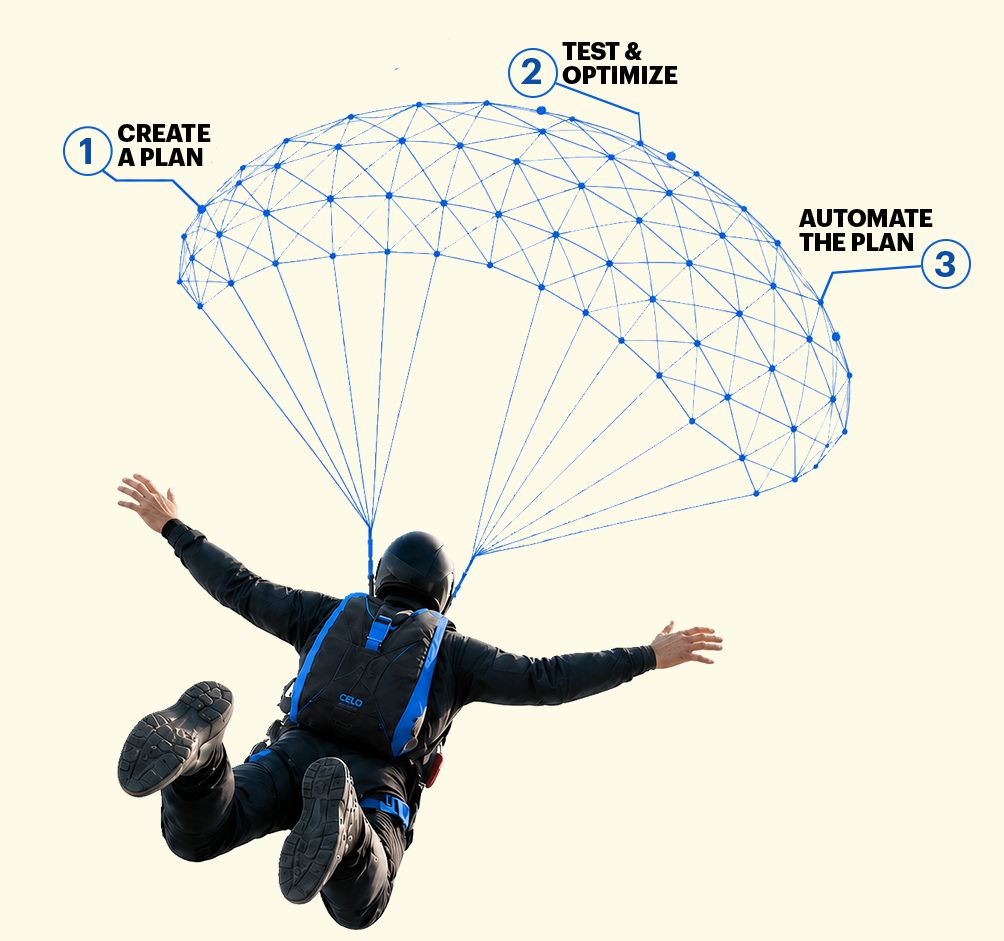 Option Alpha illustration of a parachutist beneath a canopy labeled create a plan, test and optimize, and automate the plan