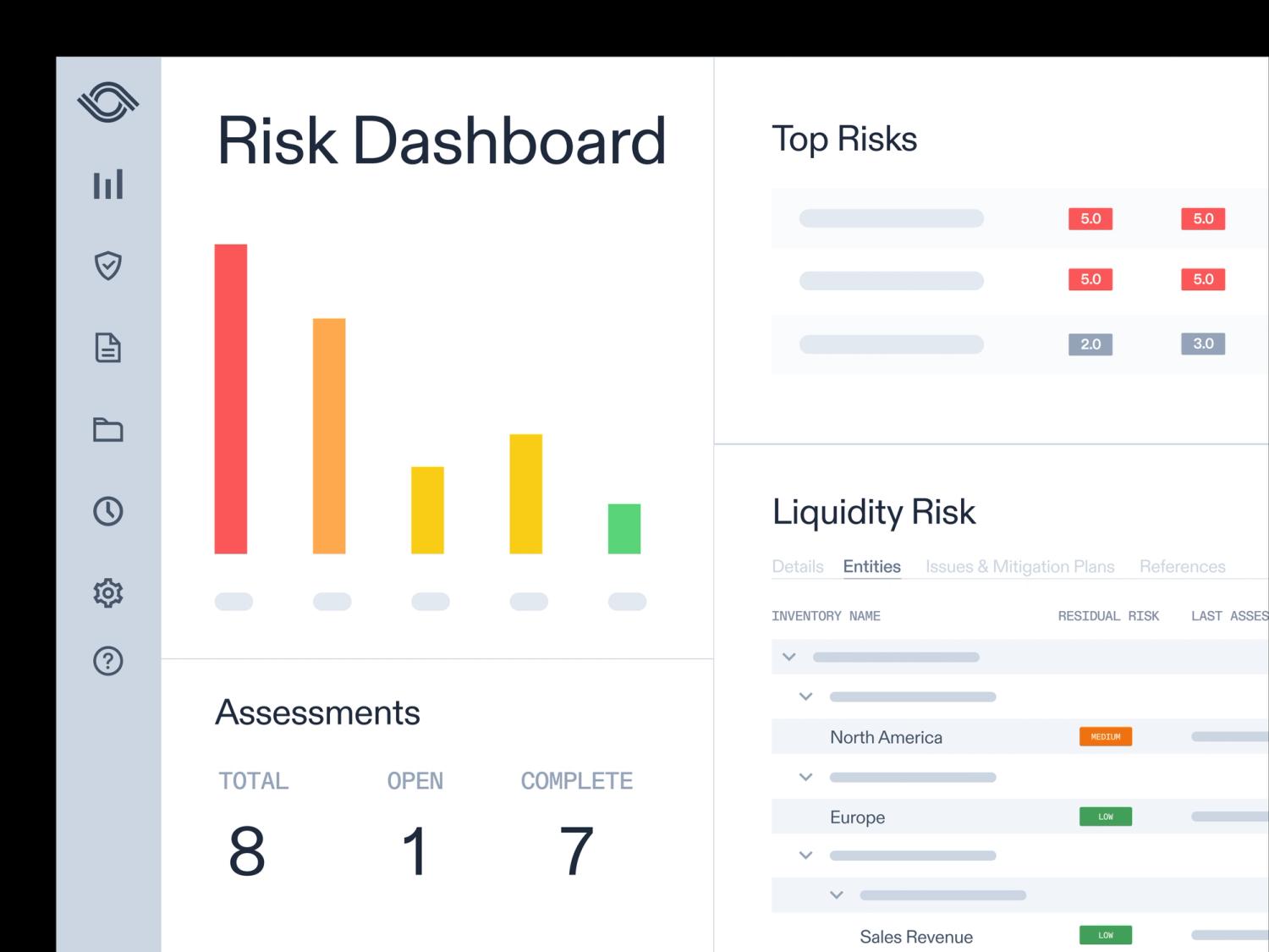 Optro’s stylized product illustration showing a risk dashboard, assessments, and risk ratings