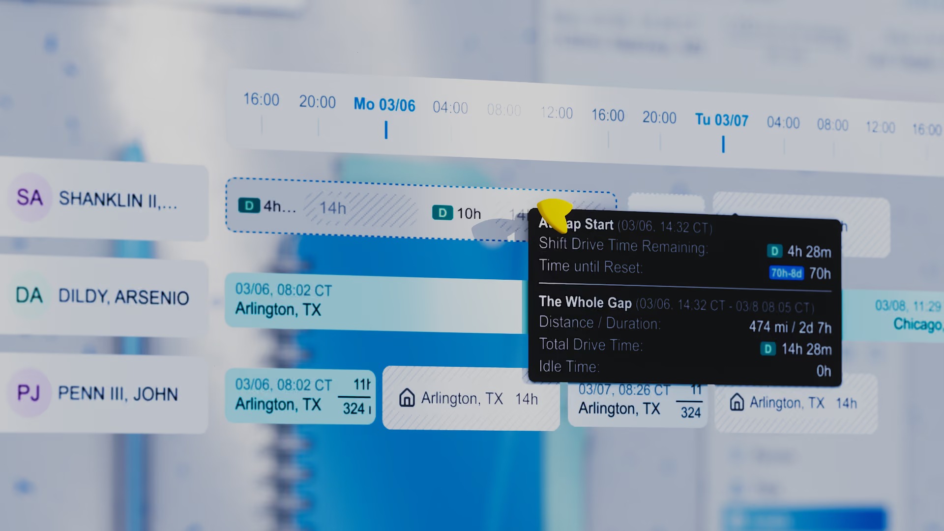 Optym LoadAi dispatch grid showing driver assignments and available driving time