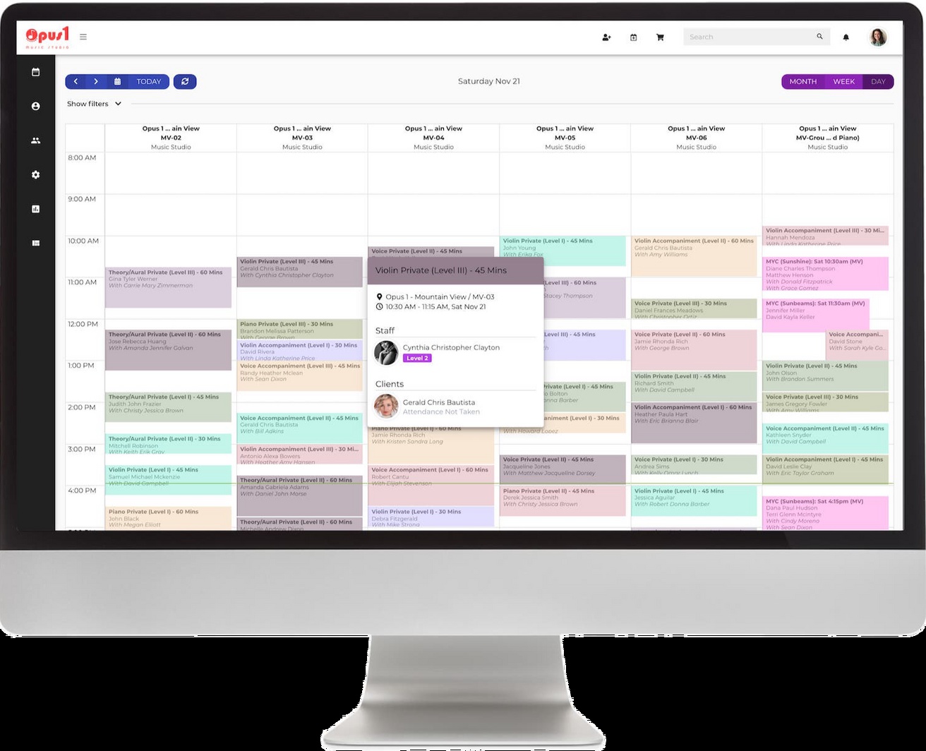 Opus1 product screenshot showing color-coded lesson bookings across studio rooms