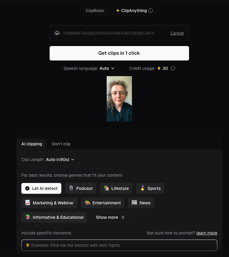 OpusClip ClipAnything interface showing upload, language, clip length, genre and prompt controls