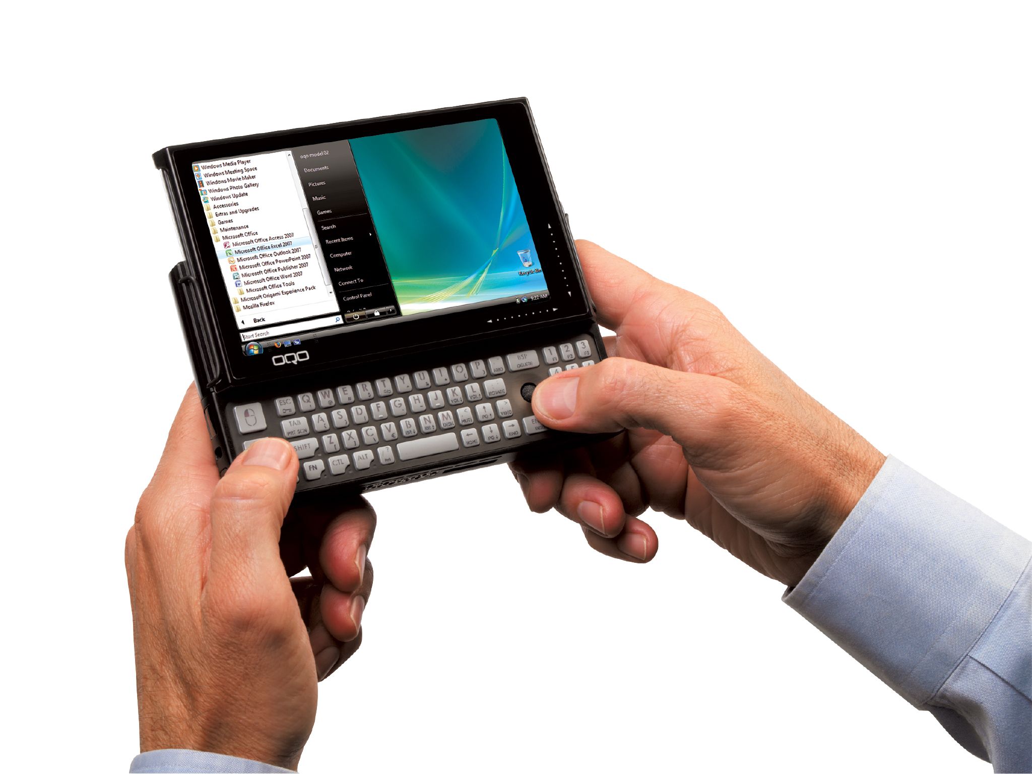 OQO Model 02 held in two hands, its screen raised above the physical keyboard and Windows Vista visible