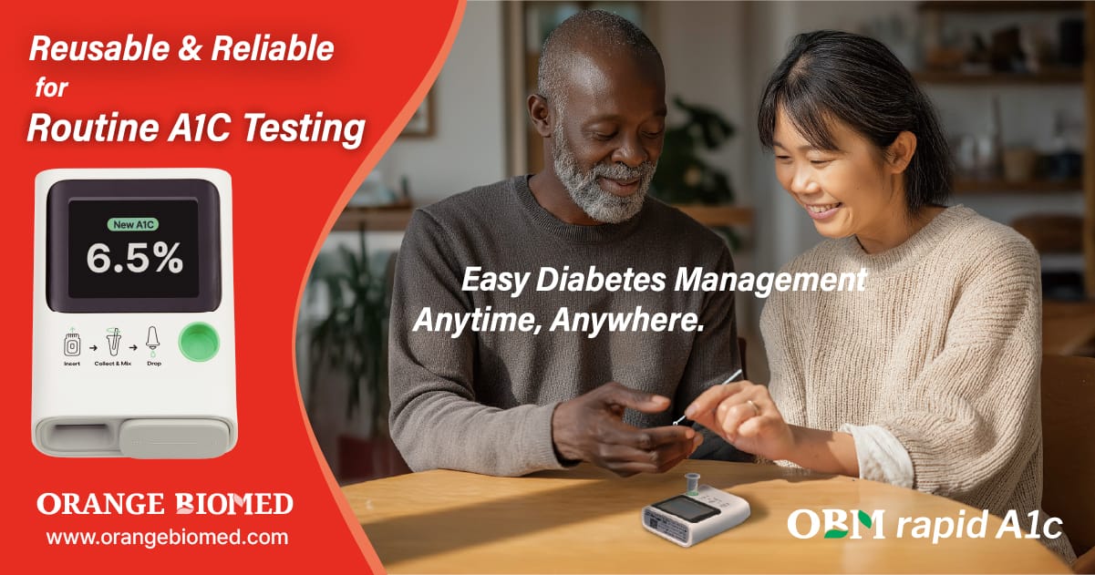 OBM rapid A1c meter beside two adults performing a finger-stick test at a table