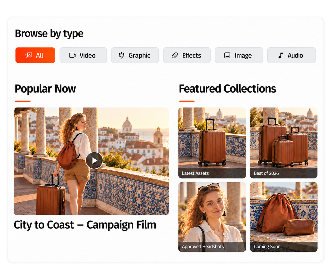 Orange Logic’s illustrative asset library interface, with media types and curated collections