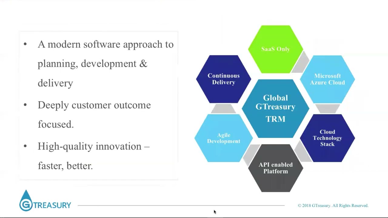 Slide from the 2018 GTreasury discussion showing continuous delivery, SaaS and cloud technology around a treasury platform
