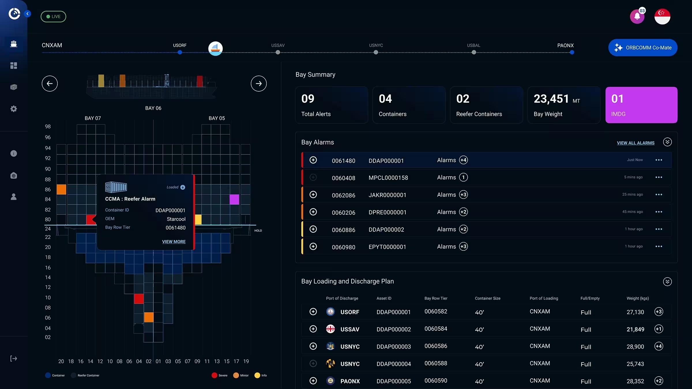 CrewView interface showing a container bay map and a list of alarms