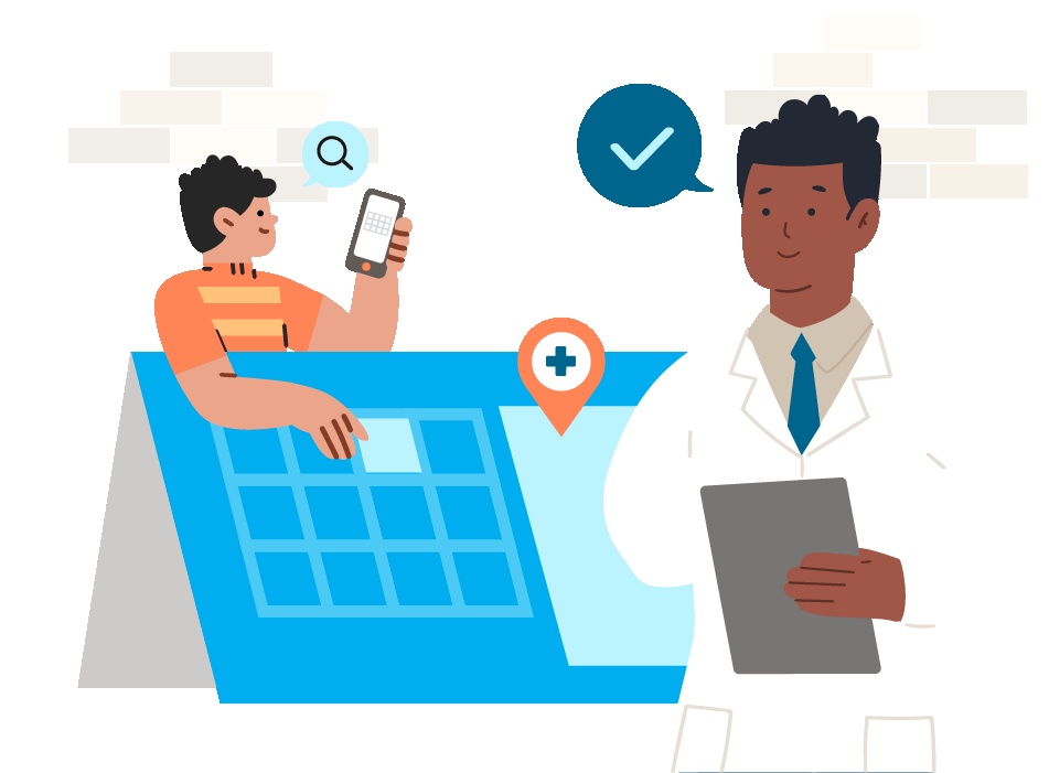 Orbita illustration showing a patient with a phone and a clinician beside a calendar