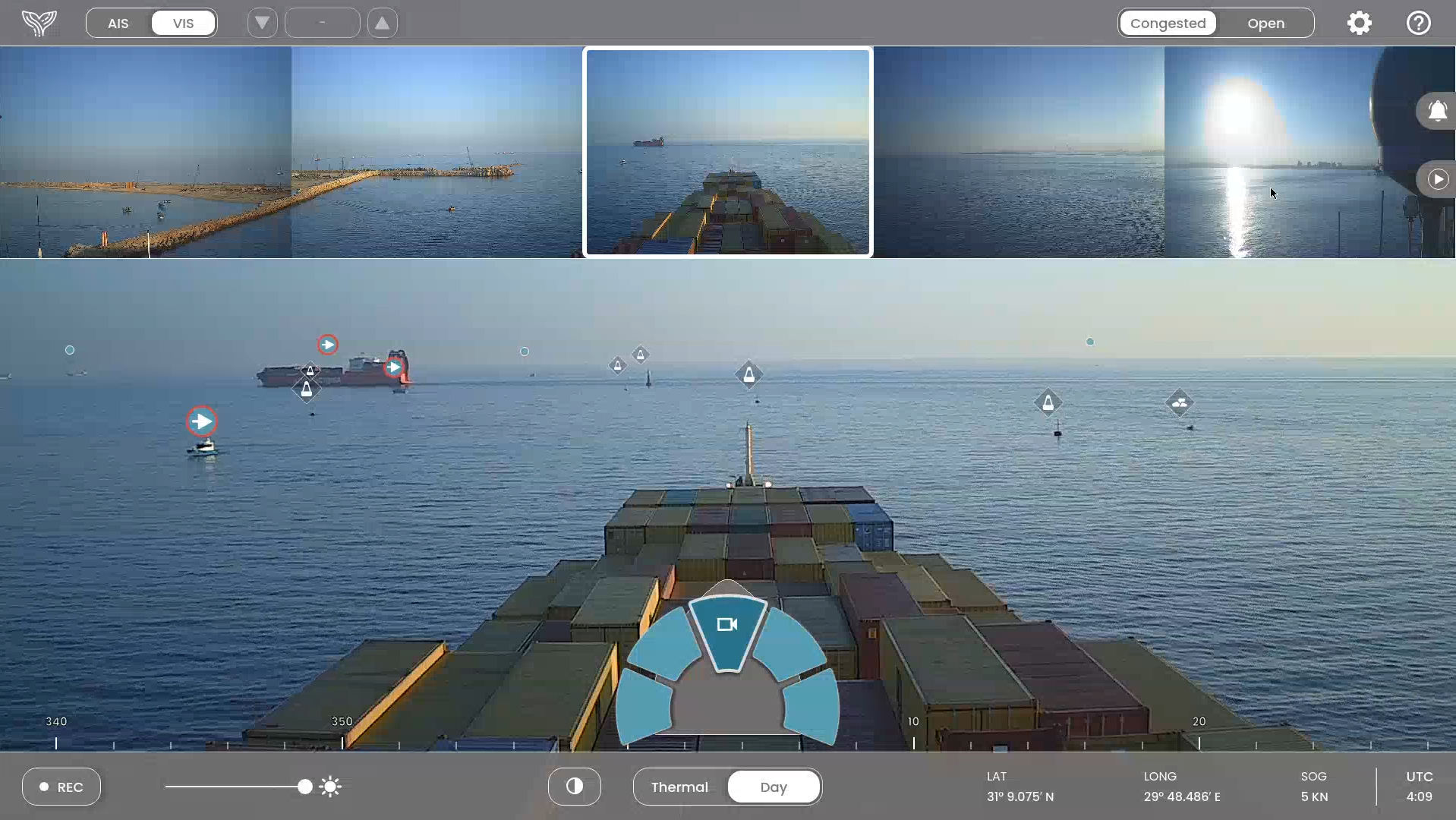 SeaPod bridge display with a panoramic view of surrounding vessels and highlighted marine targets