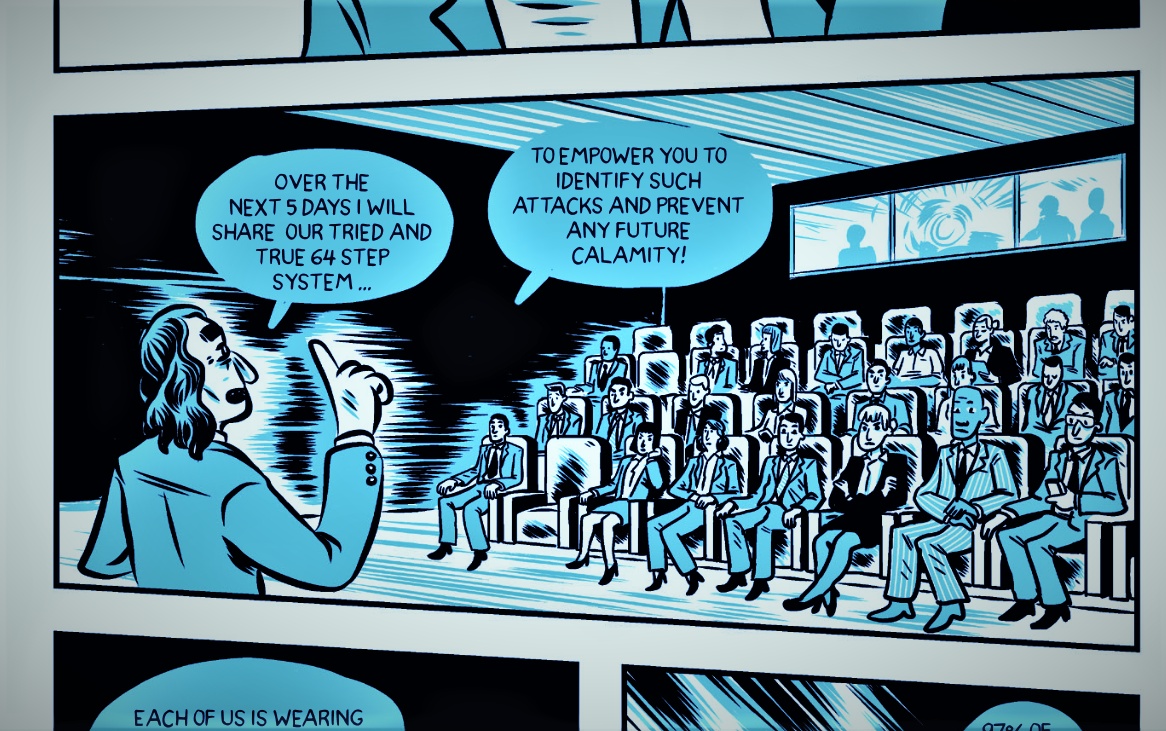 A Pineapple Sparkle comic panel showing a corporate instructor announcing a 64-step security system