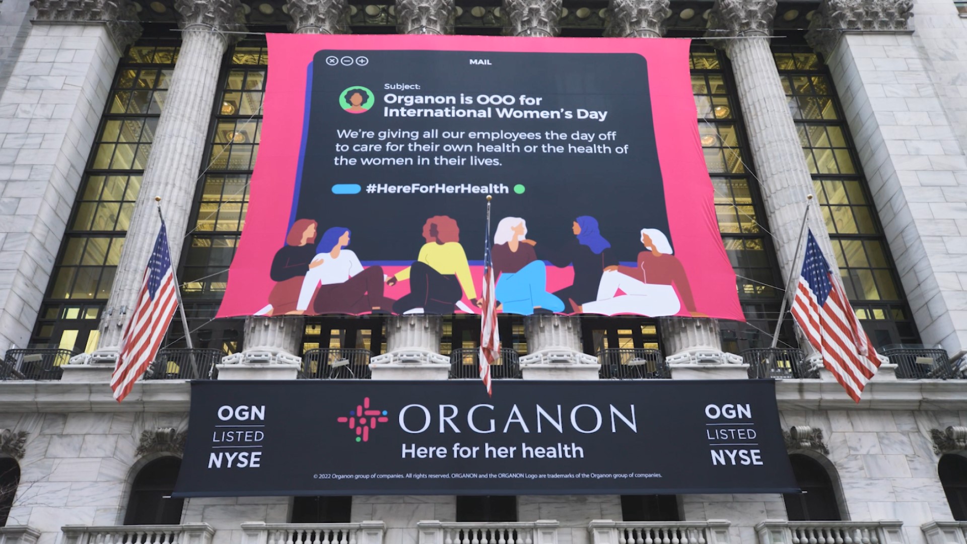 Organon’s International Women’s Day 2022 banner outside the New York Stock Exchange