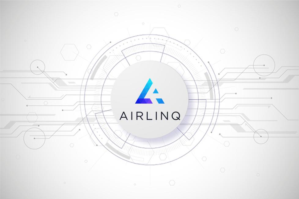 Airlinq’s rebrand artwork, with its new blue logo over a pattern of connections