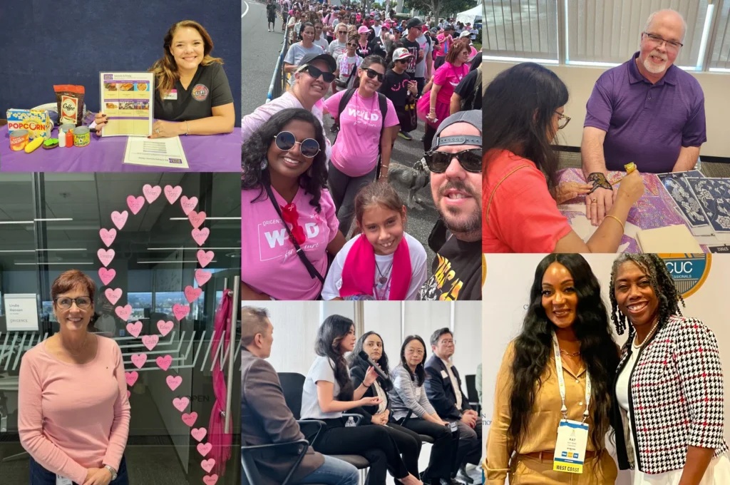 Collage of Origence employees at community activities, events, and a panel discussion