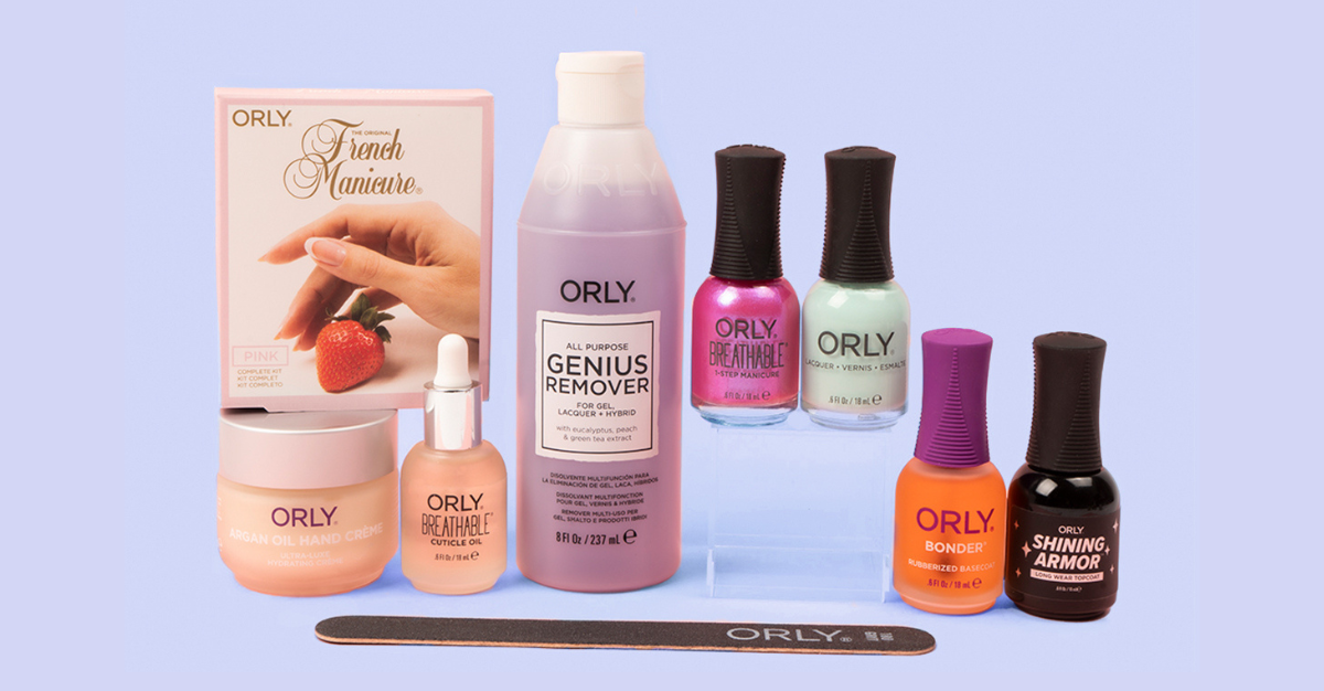 An assortment of ORLY nail preparation, color and care products on a lavender background