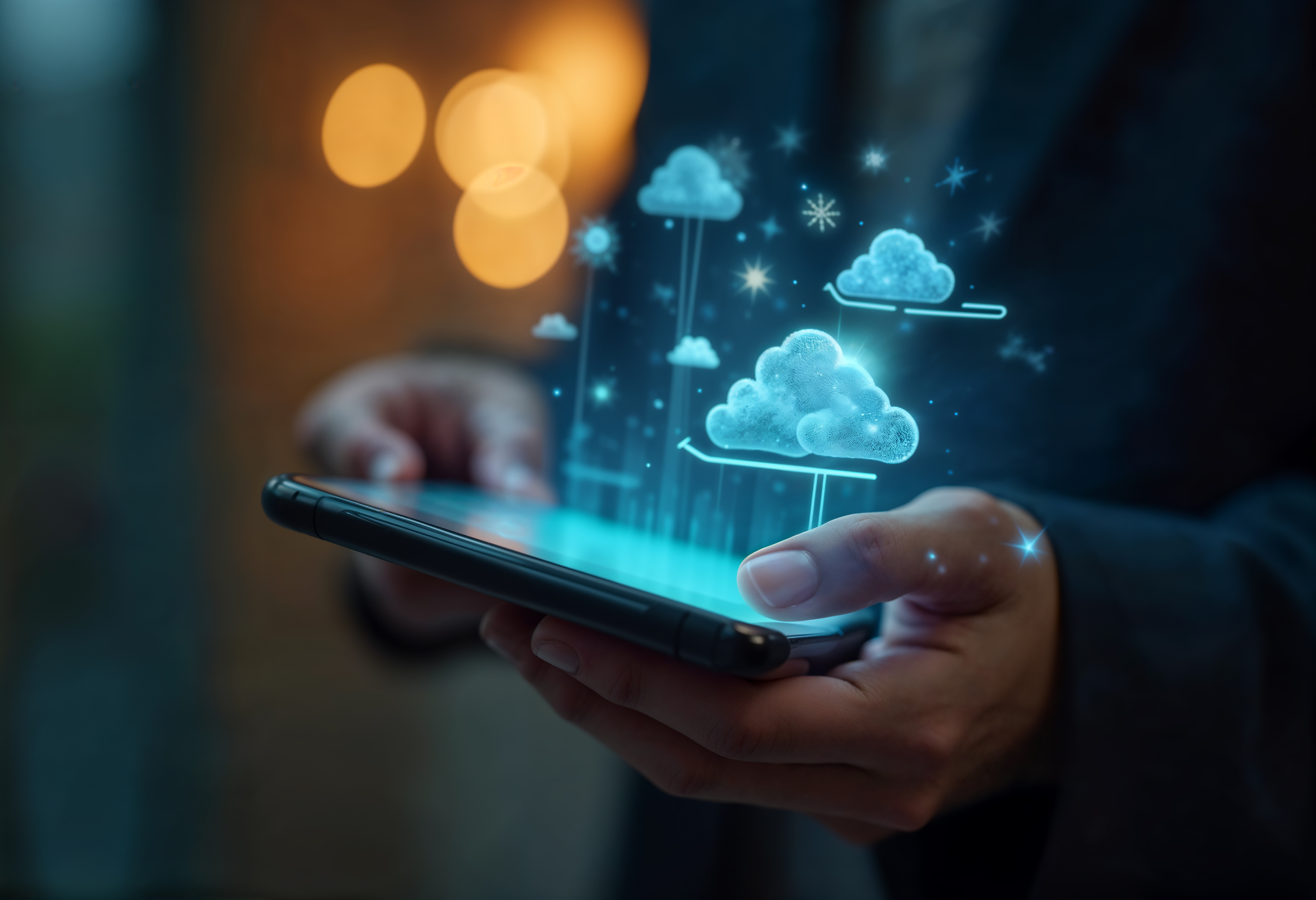 Orpine website illustration showing cloud symbols above a handheld device