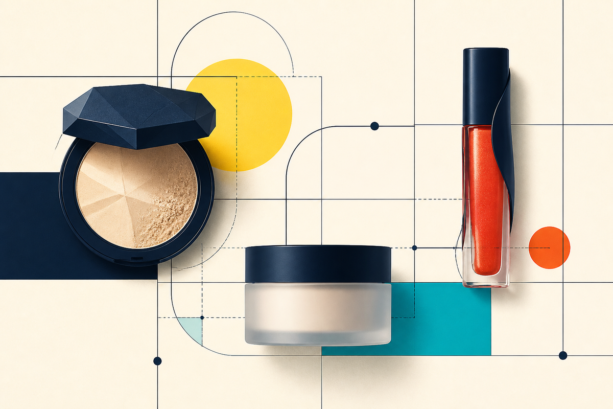 Abstract Swiss-style arrangement of three cosmetic forms connected by a geometric grid