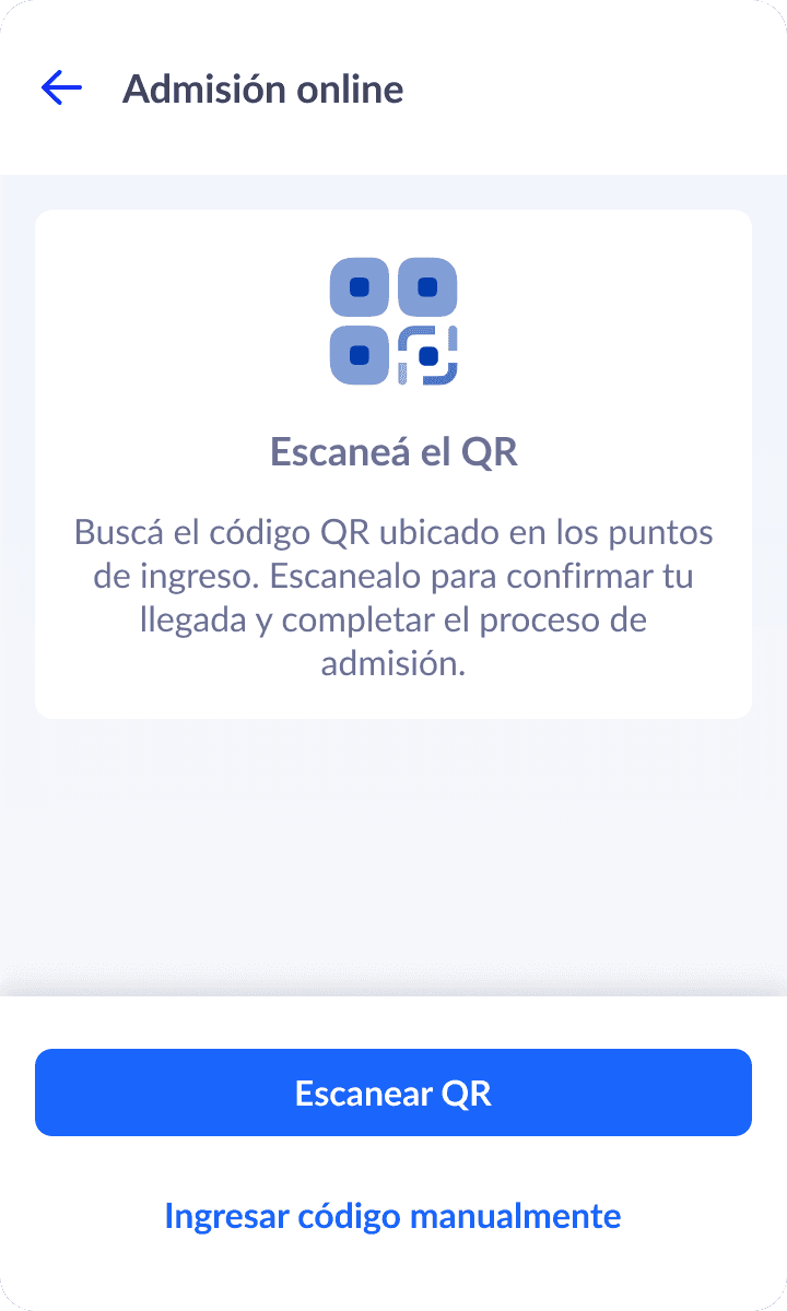 Osana mobile self-admission screen with QR code check-in