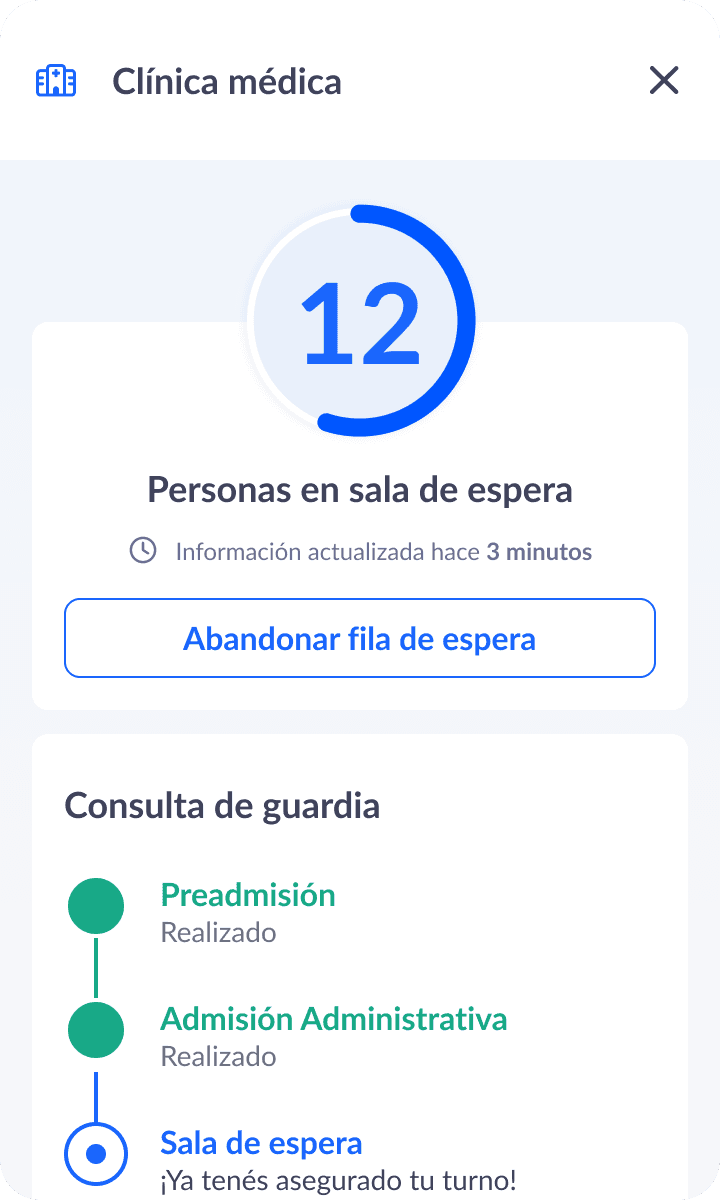 Osana mobile interface showing a virtual waiting room and admission progress