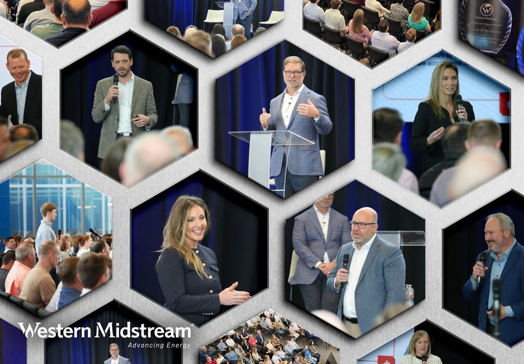Western Midstream’s collage of Oscar Brown and other leaders speaking with employees at the company’s annual town hall.