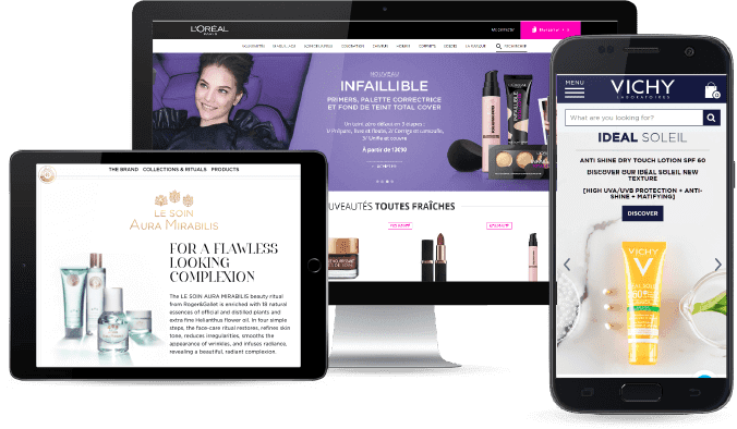 L’Oréal brand storefronts displayed on desktop, tablet and mobile devices