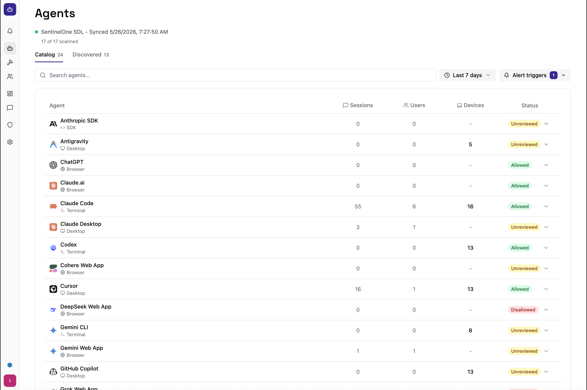 Oso for Agents dashboard showing a catalog of agents, session counts, users, devices, and policy status