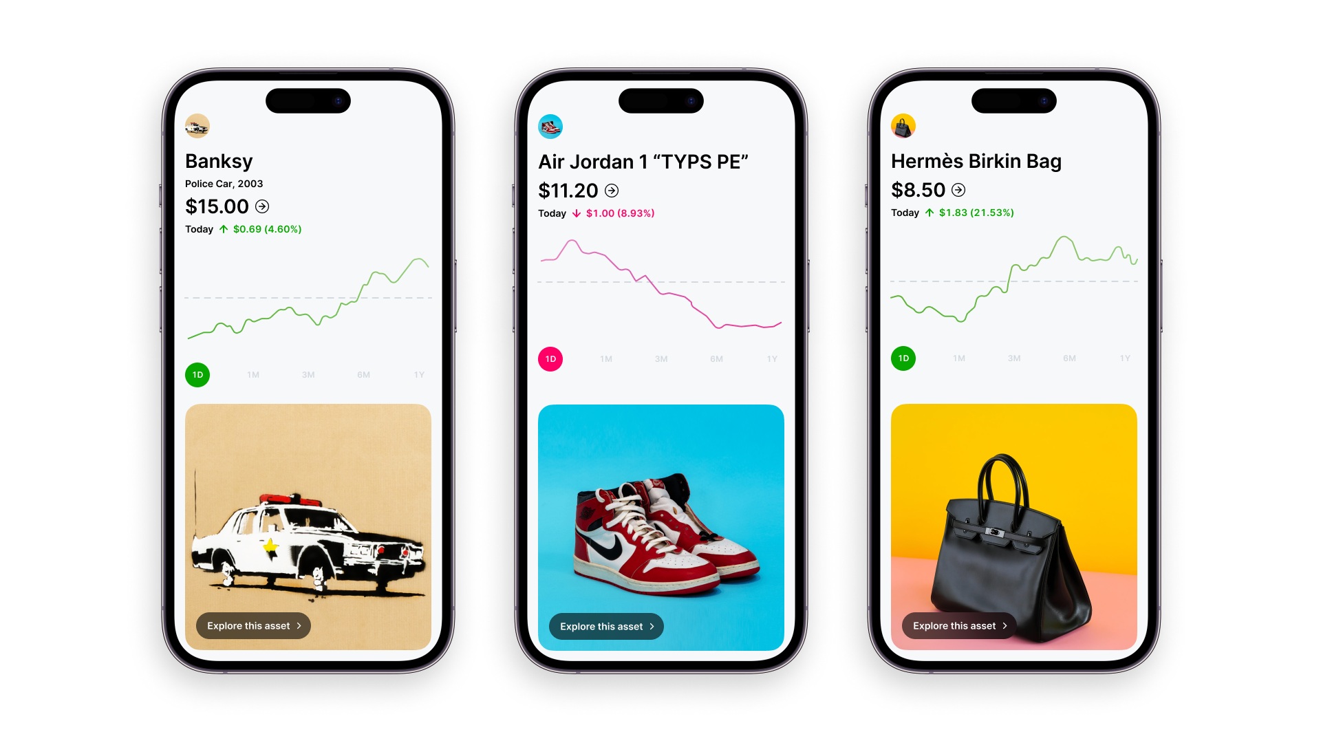 Public’s 2022 alternative-assets product screens showing a Banksy artwork, Air Jordan sneakers and a Hermès Birkin bag