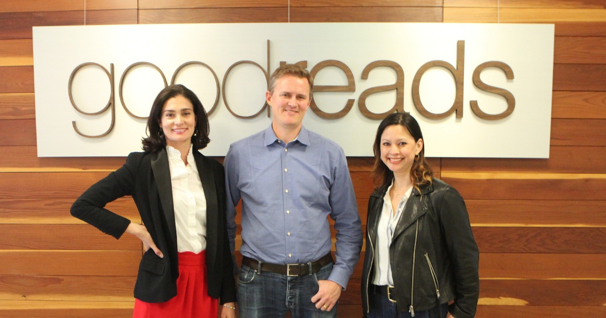 Elizabeth Khuri Chandler, Otis Chandler and Veronica Moss standing at the Goodreads office in 2019