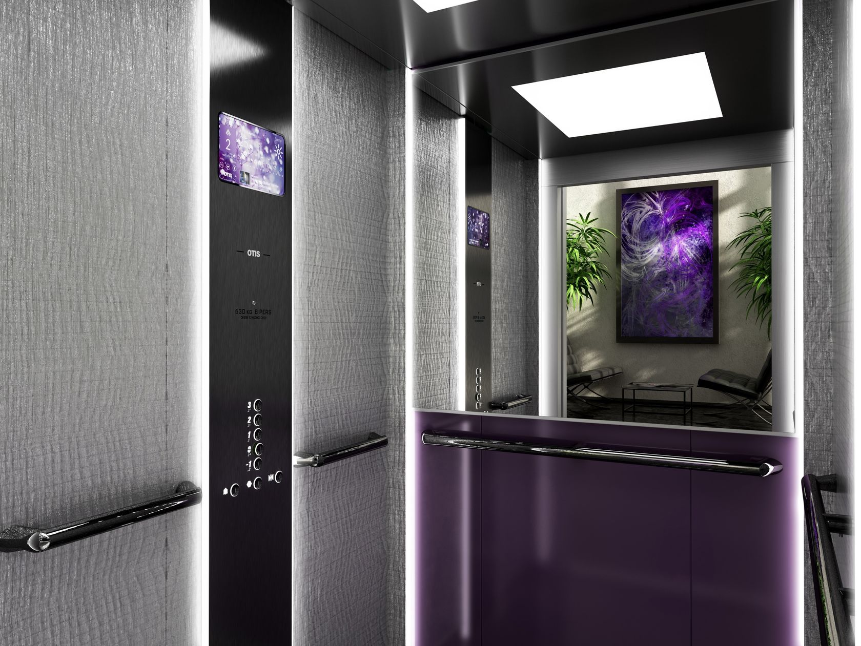 Otis Gen360 cabin with metallic wall panels, a handrail, illuminated controls and an in-car screen