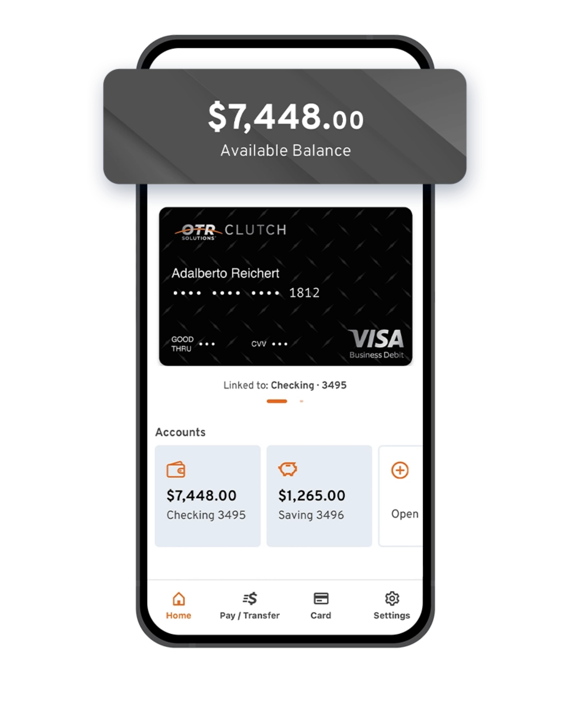 OTR Clutch promotional app screen showing accounts and a business debit card, with Thread Bank disclosure