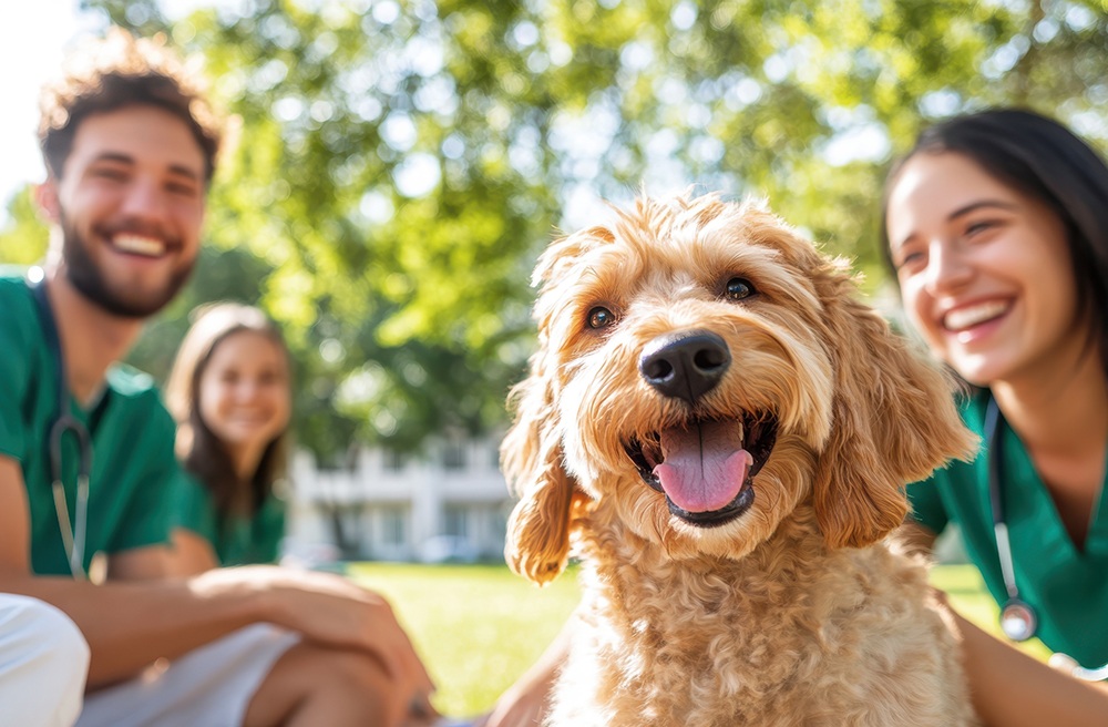 A dog in front of people wearing veterinary scrubs in an Otto promotional image