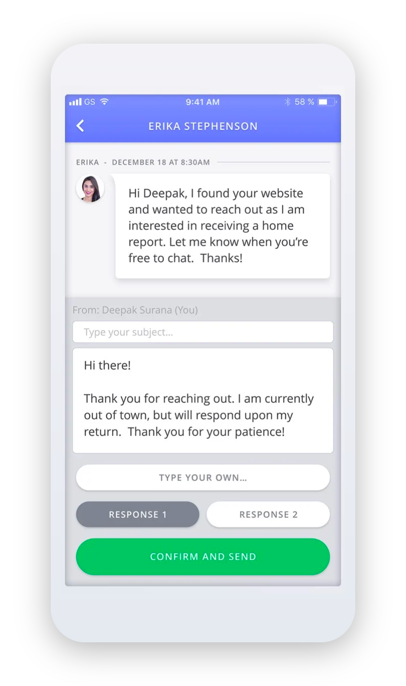 OutboundEngine promotional mobile interface showing an incoming inquiry and a prepared reply