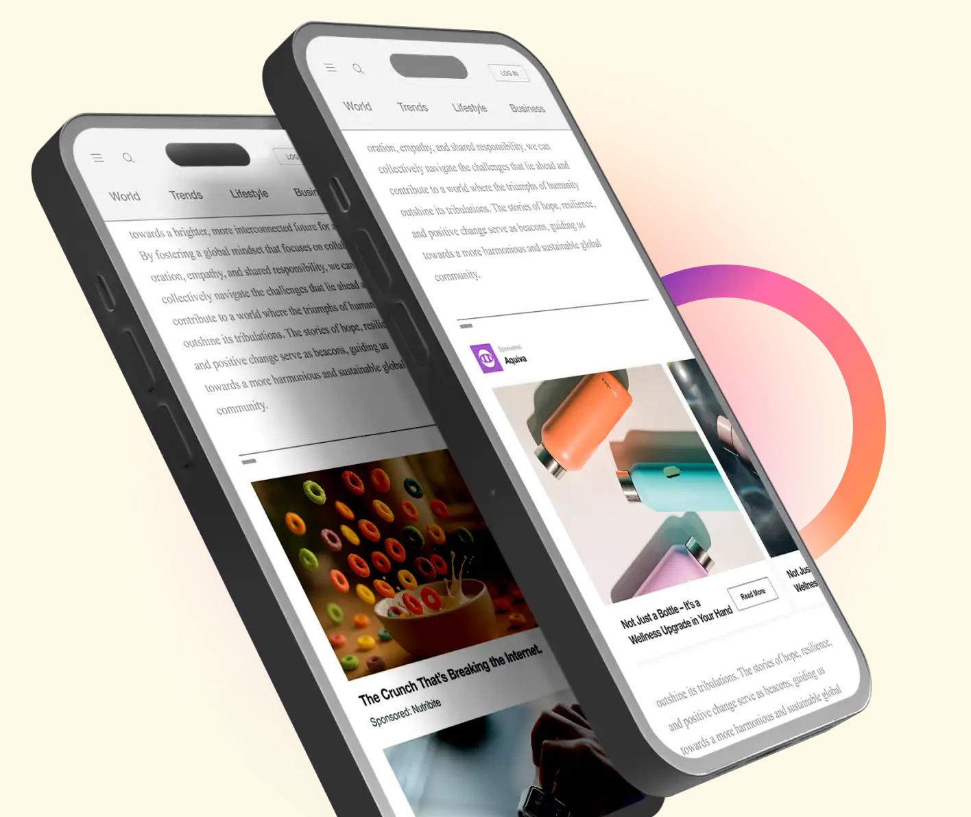 Outbrain product illustration of two mobile article pages with sponsored recommendation cards