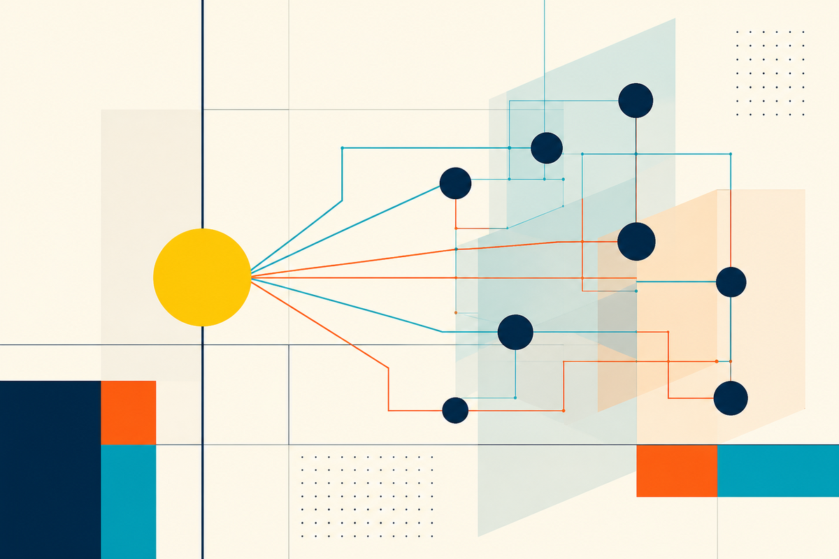 Abstract Swiss-style composition showing one bright circle connected to a network of smaller circles