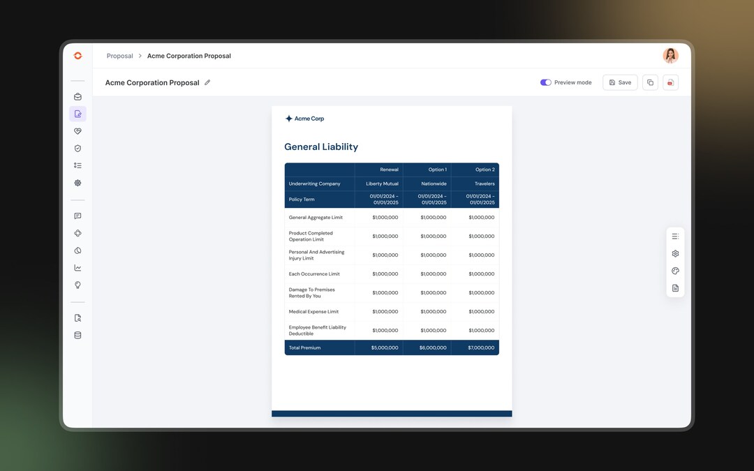 Outmarket proposal builder interface comparing insurance coverage options