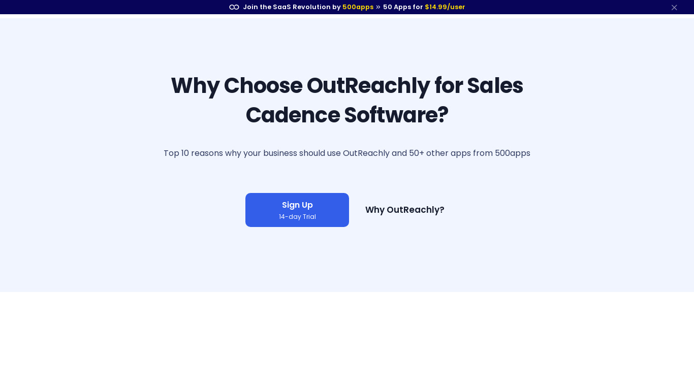 Historical OutReachly landing page advertising sales cadence software and a 50-app subscription