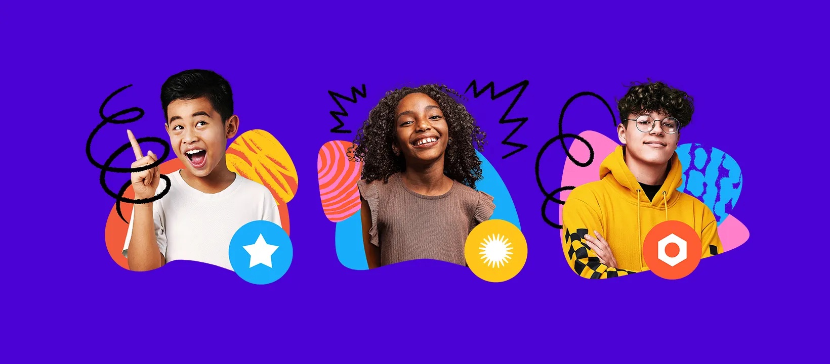 Outschool marketing collage showing three children against a purple background