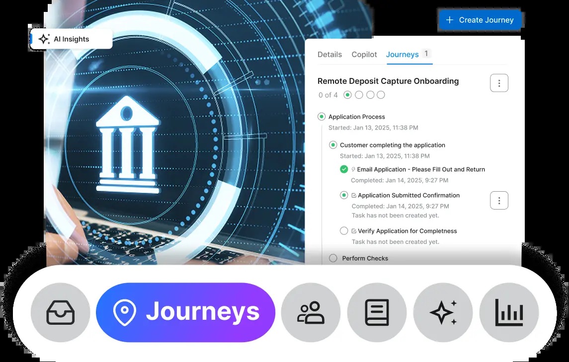 OvationCXM Journeys interface showing a customer onboarding timeline